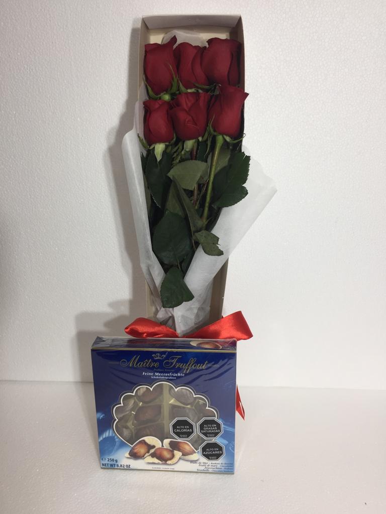 Caja con 6 Rosas ms Bombones de 250 Grs